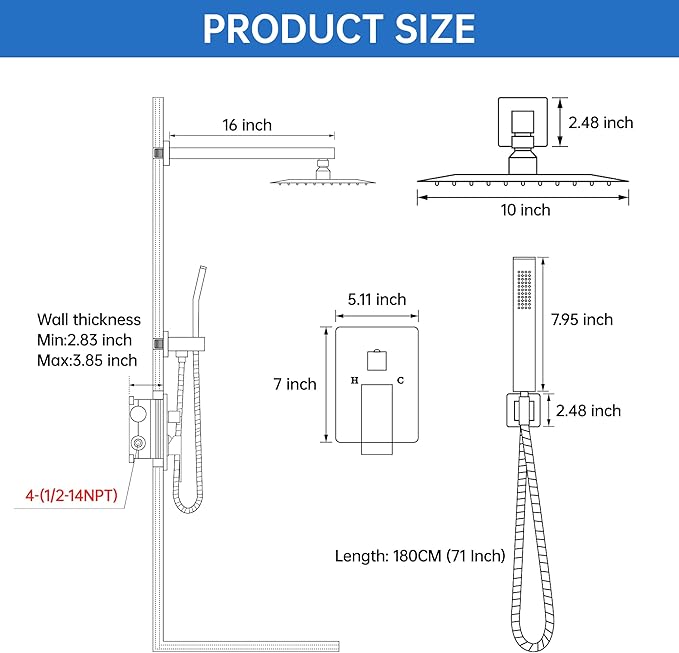 10 Inch Luxury Rain Shower Faucet Set, Brushed Gold Shower System with Rainfall Shower Head and Handheld Spray, SUS304 Stainless Steel and Solid Brass Wall Mounted Shower Valve Trim Kit