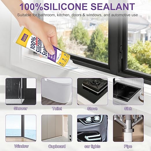 High-Strength Silicone Sealant & Adhesive - 100% Waterproof, Flexible Caulk for Kitchen, Bathroom, Shower, Window, Auto - Creates Durable, Shrink & Crack Resistant Seal 5 Oz. Tube. (White)