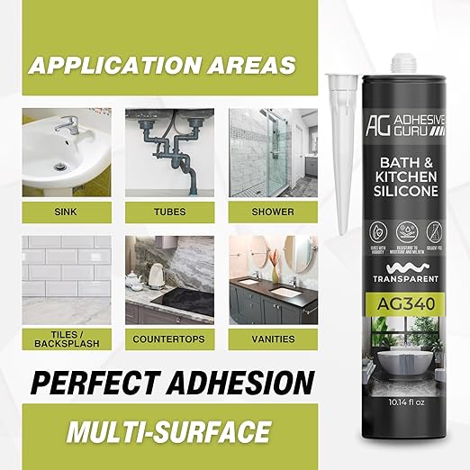 Adhesive Guru AG340 Clear Silicone Sealant (12x10.14 fl oz), 100% Silicone Caulk, Weatherproof & Flexible Adhesive Sealant for Bath and Kitchen, 12 Pack