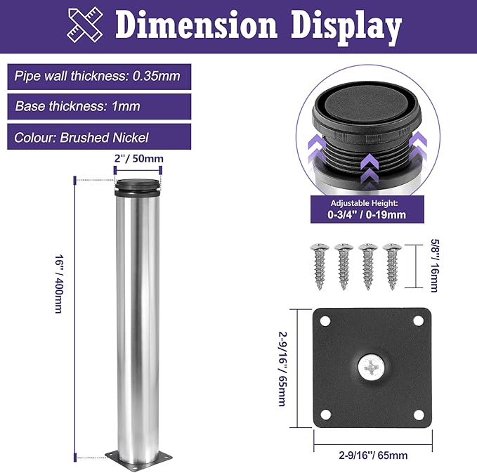 16 Inch Metal Furniture Legs Stainless Steel Adjustable Legs Silver Metal Legs Round Cabinet Legs for Coffee Table Cabinet Desk Sofa Shelves, Pack of 4
