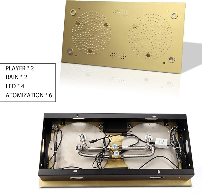 Brushed Gold Thermostatic Rain LED Shower System With Spa Body Jets, 12.5X24.5 Inch Large Horizontal Rectangle Ceiling Shower Head, Double Bath Shower Set Flow Can Be Controlled