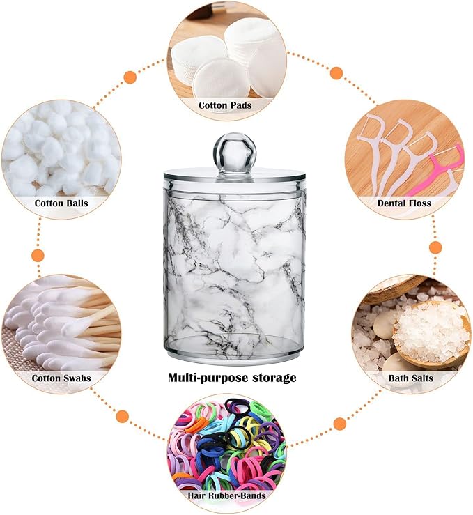 MNSRUU 4 Pack Qtip Holder Organizer Dispenser Stylish White Marble Texture Bathroom Containers Bathroom Vanity Storage Canister Apothecary Jars for Cotton Swabs/Pads/Floss