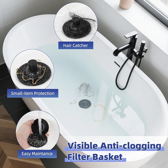 Universal Bathtub Drain Stopper Shower Drain Hair Catcher, Tub Stopper with Visible Top Strainer, Upgraded 3 in 1 Pop-up Drain Plug Fit for 1.5 to 2.4" Hole, Stainless Filter Basket, Oil-Rubbed Bronze
