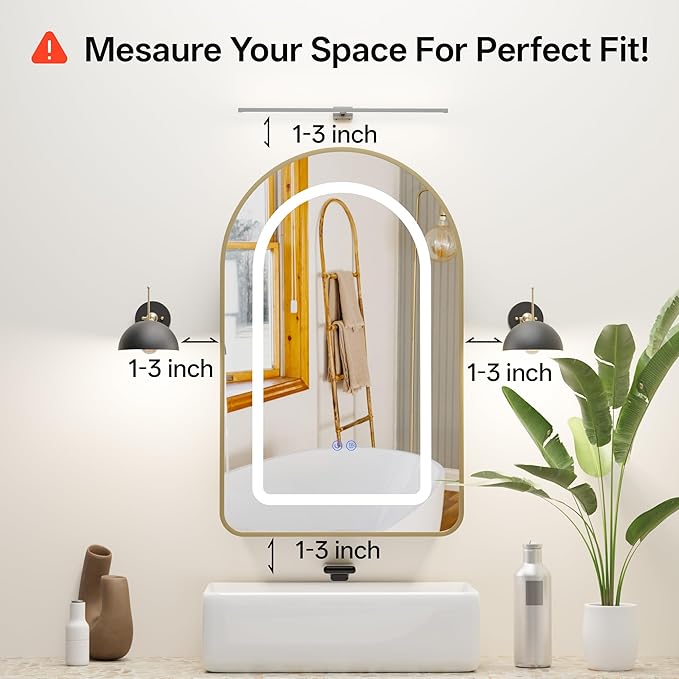LED Arched Bathroom Medicine Cabinet with Mirror, No Assembly Needed, Recessed or Surface Mount Wall Storage Cabinet, Mirror Cabinet with Tissue Slot (Gold-LED, 31.5" L x 19.7")