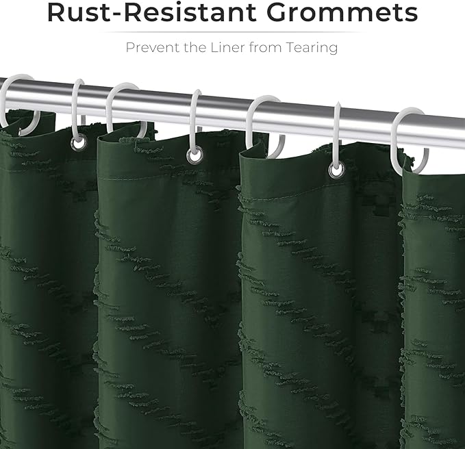96inch Extra Long Dark Green Boho Shower Curtain Woven Fabric Shower Curtain Tufted Chervon Textured Shower Curtains Modern Minimalist Shower Curtains for Bathroom