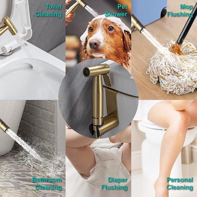 BARROCK Handheld Bidet Sprayer for Toilet, 2 Pack Bidets Faucet for Existing Toilets Cloth Diaper Jet Sprayer, Stainless Steel Muslim Shower Brushed Gold Bidet Attachment Set for Baby/Feminine Wash