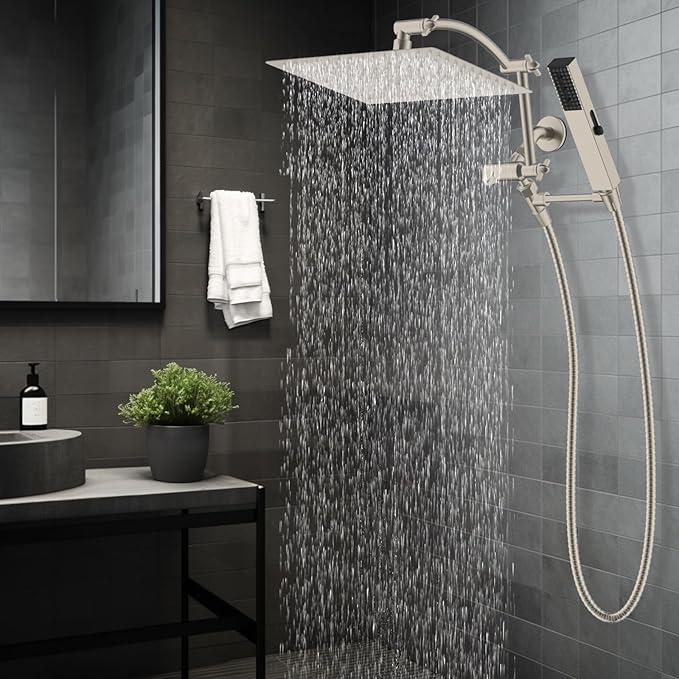 Hibbent All Metal CUPC Certified 12'' Rainfall Shower Head, Dual Shower Head Combo, High Pressure Handheld 4 Sprays Shower Wand, 16'' Adjustable Extension Arm, 71'' Hose, Shower Holder, Brushed Nickel