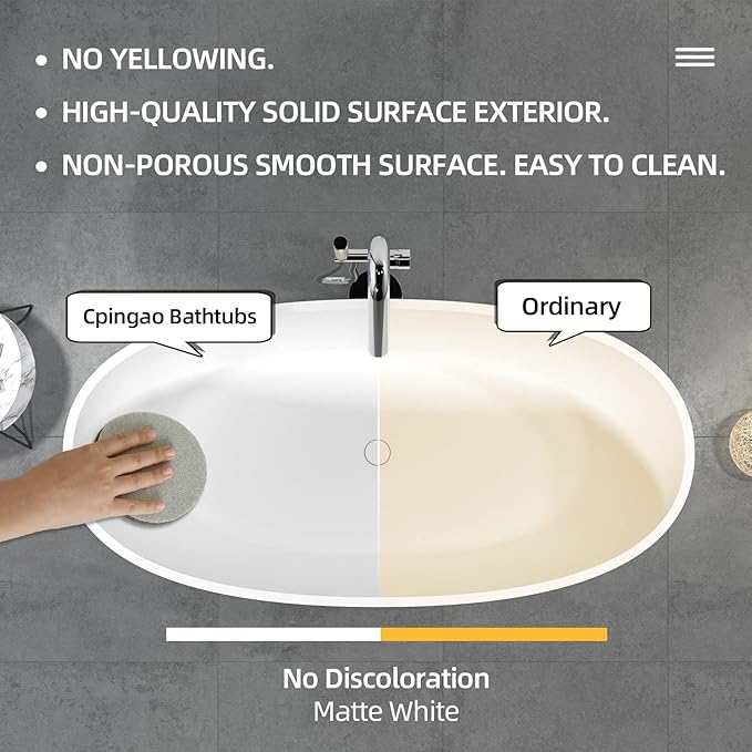 Cpingao 59" Freestanding Bathtub, Oval Shaped Stone Resin Freestanding Tubs, Solid Surface Matte White Soaking Tub with Overflow and Pop-up Drain 8801-1500