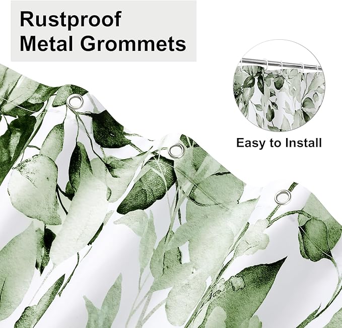 Colorful Star Olive Green Eucalyptus Waterproof Shower Curtain Set with Hooks, Minimalist Watercolor Floral Print Bathroom Décor, Plant Leaves Washable Fabric Shower Curtain, 72 x 72 Inch