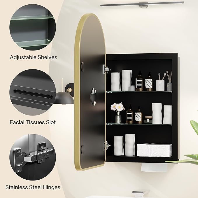 Arched Bathroom Medicine Cabinet with Mirror, No Assembly Needed, Recessed or Surface Mount Wall Storage Cabinet, Mirror Cabinet with Tissue Slot & 2X Magnifying Mirror (Gold, 31.5"L x 19.7")