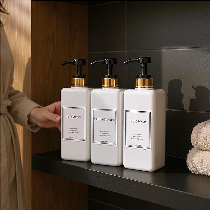 Modern Gold Design Pump Bottle Set 27 oz Refillable Shampoo and Conditioner Dispenser Empty Shower Plastic Bottles with Pump for Bathroom Lotion Body wash Massage Oils, Pack of 3 (Black)