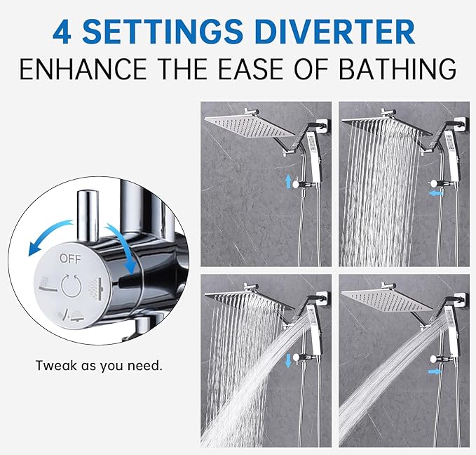G-Promise All Metal Shower Diverter with Low Handheld Holder, 3-Way Diverter Valve with Pause Mode for Handheld and Fixed Shower Head, 4-Settings Universal Bathing System Replacement Part(Chrome)