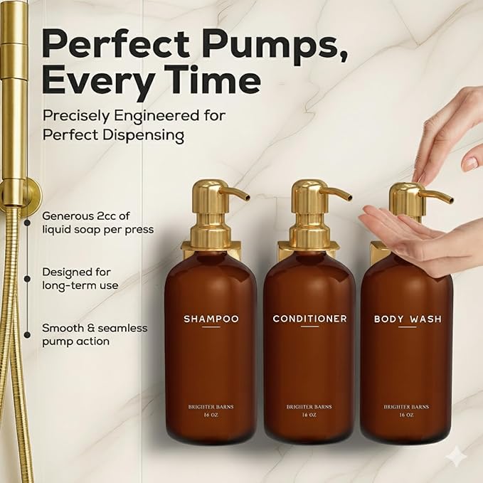 Luxury Shampoo and Conditioner Dispenser Set Wall Mounted by Brighter Barns - Plastic Shower Dispenser Set - 3 Chamber Drill Free Shampoo Bottle - Modern Bathroom Decor for Guest Bathroom (Amber Gold)