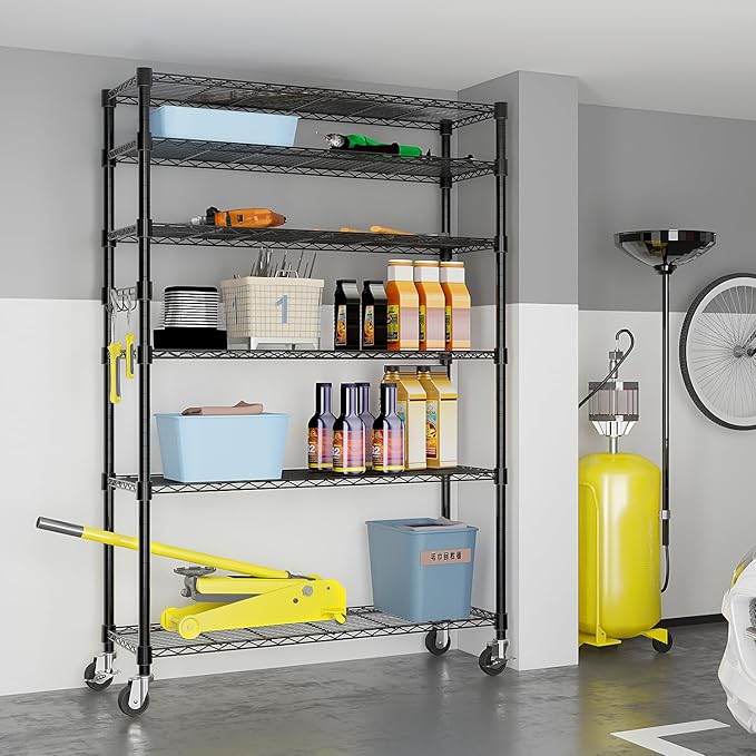 6 Tier Storage Racks Shelving, Heavy Steel Pantry Shelves, Adjustable Wire Shelving Rack with Wheels, Suitable for Garage, Kitchens, Bathroom, Offices, 46" W x 17.7" D x 82" H, Black