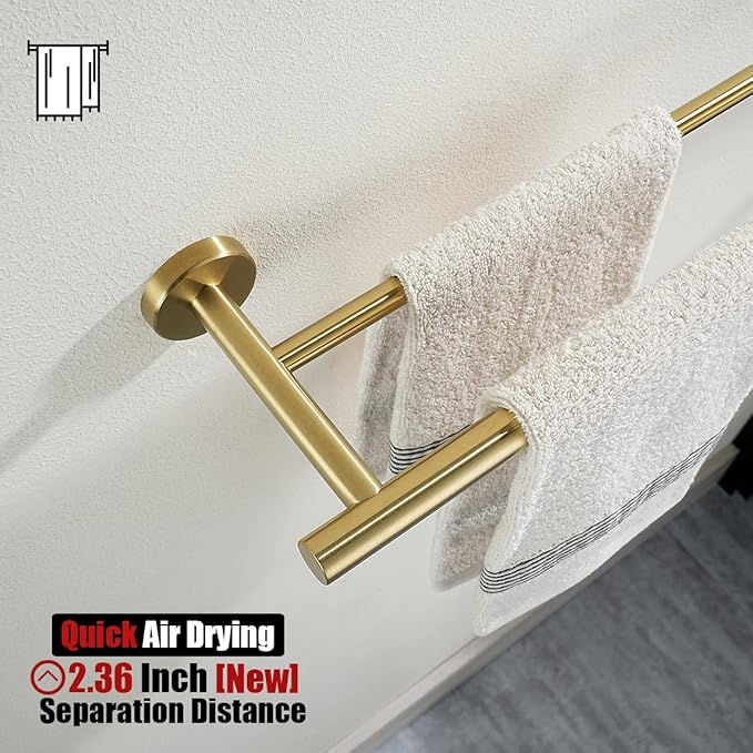 JQK Bathroom Hardware Set, 5-Piece Bath Accessories Set Brass Gold Wall Mount Includes 24 in Towel Bar, 9 in HT Bar, TP Holder, Towel Hook x 2 Brushed Gold, BAS105-BG
