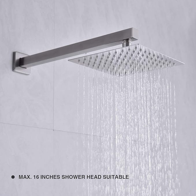 Square Shower Arm with Flange Heavy Duty Stainless Steel Rainfall Shower Head Extension Pipe, Bathroom Wall Mounted 16 Inch Extender Arm, Brushed Nickel
