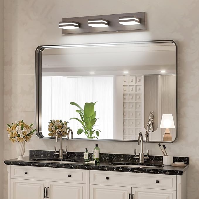 SineRise LED Modern Bathroom Vanity Light Fixtures (3-Light, 24-Inch, Dimmable), Brown Wood Painted Modern Acrylic Bathroom Wall Lighting Fixtures Over Mirror (Cool White 6000K)