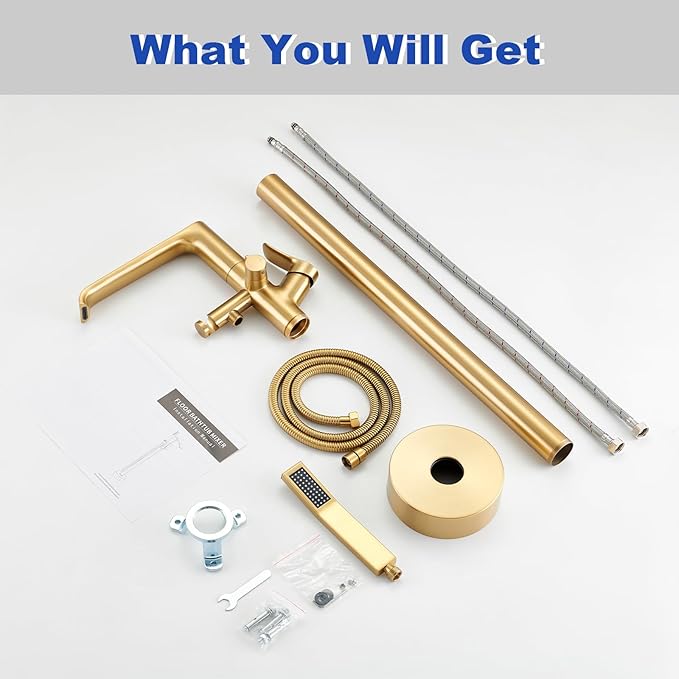 Floor Mount Tub Faucet Gold: Freestanding Bathtub Faucet with Handheld Spray Head - Gold Tub Filler Shower Faucet Set 360 Degree Swivel Waterfall Spout - Beelee