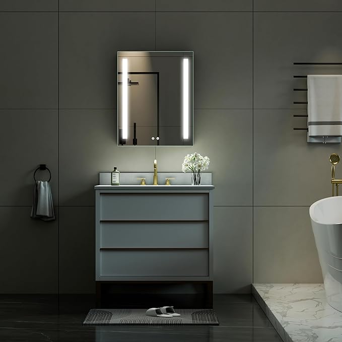 WELLFOR 24" X 30" LED Medicine Cabinet with Mirror, Single Left Opening Door, Recessed or Surface Cabinet Mirror, Bathroom Mirror Cabinet, Medicine Cabinet with Lights with Outlets & USB Ports