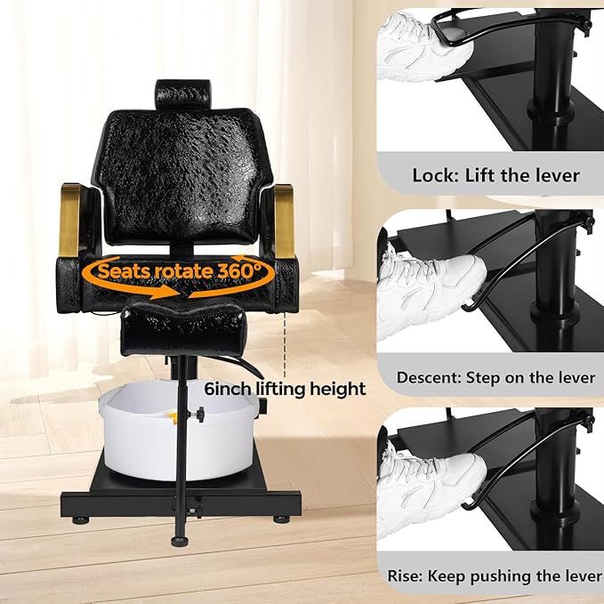 Pedicure Chair with Stool & Massage Foot Bath, 360° Swivel Pedicure Station Hydraulic Adjustable Height No Plumbing for Foot Spa Black