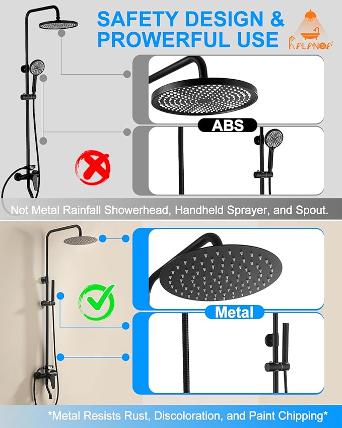 All-Metal Outdoor Shower Fixture,3 Functions Handle Tub Rainfall Shower Faucet Sets with Dial Thermometer Brass Valve, Black Exposed Shower System with 10'' Rainfall Shower Head Adjustable