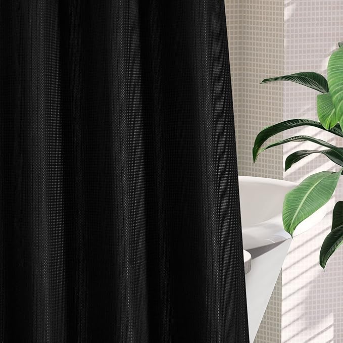 MitoVilla Black Waffle Small Stall Shower Curtain Liner Set 36 x 74, No Hooks Required Half Size Narrow Fabric Shower Curtain Set with Snap-in Liner for Modern Farmhouse Bathroom Decor