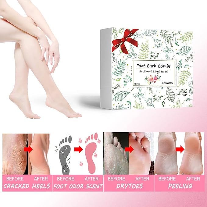 Bath Foot Bombs, 16 Pack Foot Soak with Bath Salt and Tea Tree Oil for Christmas. Organic Natural Handmade Aroma Pure Essential Oil Bubble Feet Balls for Foot Callus, Stubborn Feet Odor Scent.