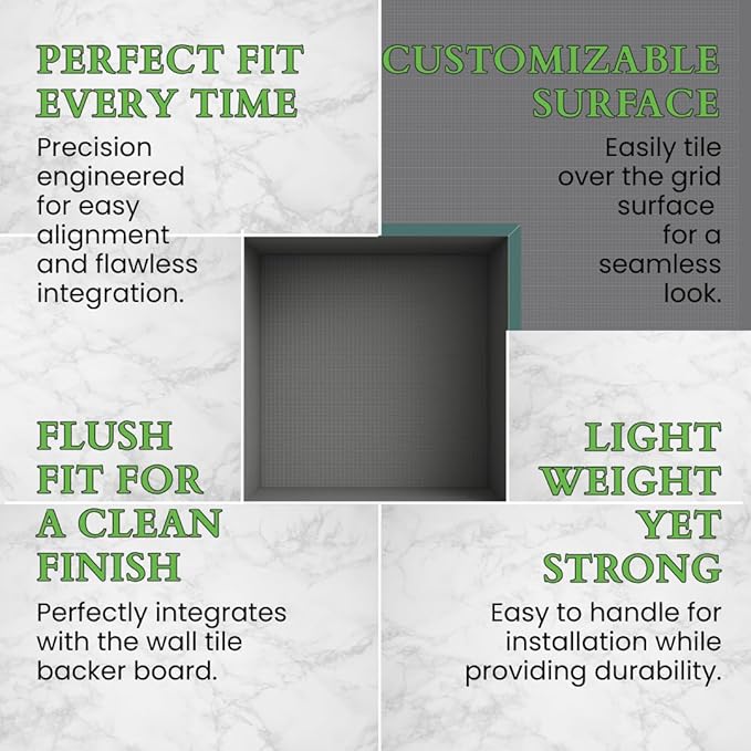 Shower Niche Insert Tile Ready, Recessed Wall Niche, Shower Inserts Kit for Bathroom Wall, Recessed Shelf Insert, Lightweight and Durable, Grid Surface for Easy Tile Application, Square, 14x14 Inches
