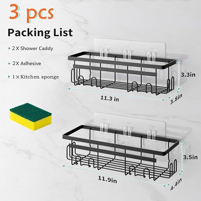 Shower Caddy, 2-Pack No Drilling Rustproof Organizer with Save Space Hooks, Apartment Essentials for Bathroom, No Drilling Shelves for Kitchen & Living Room