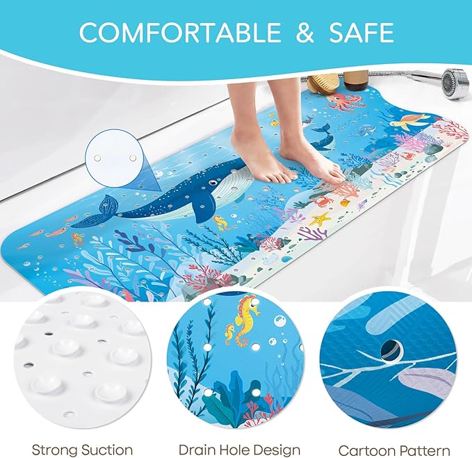 SHUCHING Baby Bath Mat for Tub Non Slip-40 X 16 Inch, Extra Long Kids Bathtub Mat Non Slip, Toddler Shower Mat for Bathroom, Whale