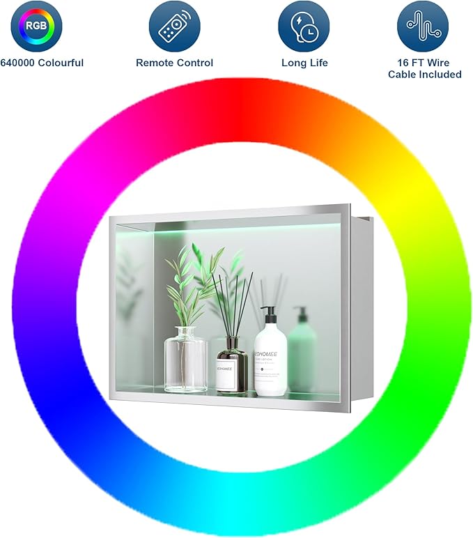 18X12 RGB Shower Niche, Brushed Nickel Stainless Steel LED Wall Niche, No Tile Needed Wall Cabinet for Bathroom Storage Built-in Installation