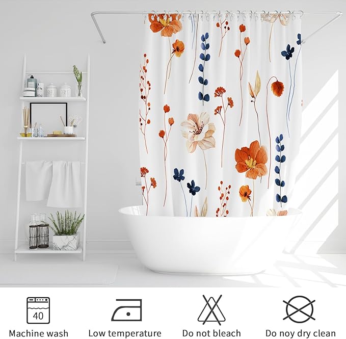 Gibelle Watercolor Floral Shower Curtain, Retro Orange Navy Flower Shower Curtain for Bathroom, Modern Minimalist Aesthetic Waterproof Fabric Shower Curtain Set 72x72 Inch
