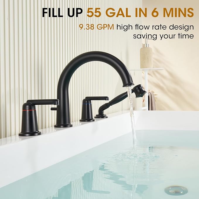 Roman Tub Faucet Set with Hand Shower, KRUZOO Bathtub Faucet Set Trim Kit with Rough-in Valve, Deck Mount Widespread 4 Hole Brass Tub Filler, KZ-9608BK, Matte Black