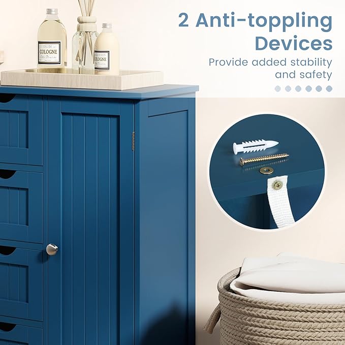 Tangkula Bathroom Floor Cabinet, Freestanding Storage Cabinet with 4 Drawers & Single Door, Adjustable Shelf, Multipurpose Bathroom Storage for Home Office, 21.5 x 12 x 32.5 Inches (Blue)