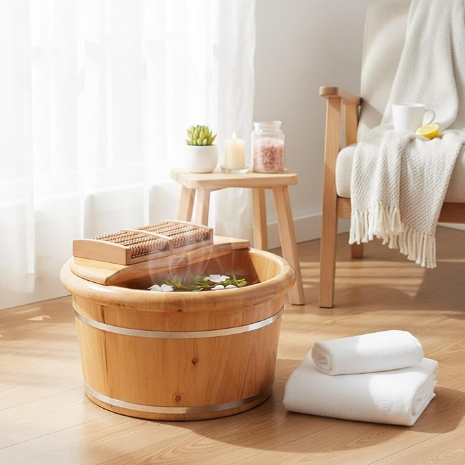 Geelin 10.24 Inch Tall Wooden Foot Bath Bucket with Massage Roller and Lid, Thick Insulated Wooden Foot Basin for Relaxation, Massage Soles, Suitable for Families, Athletes and Elderly