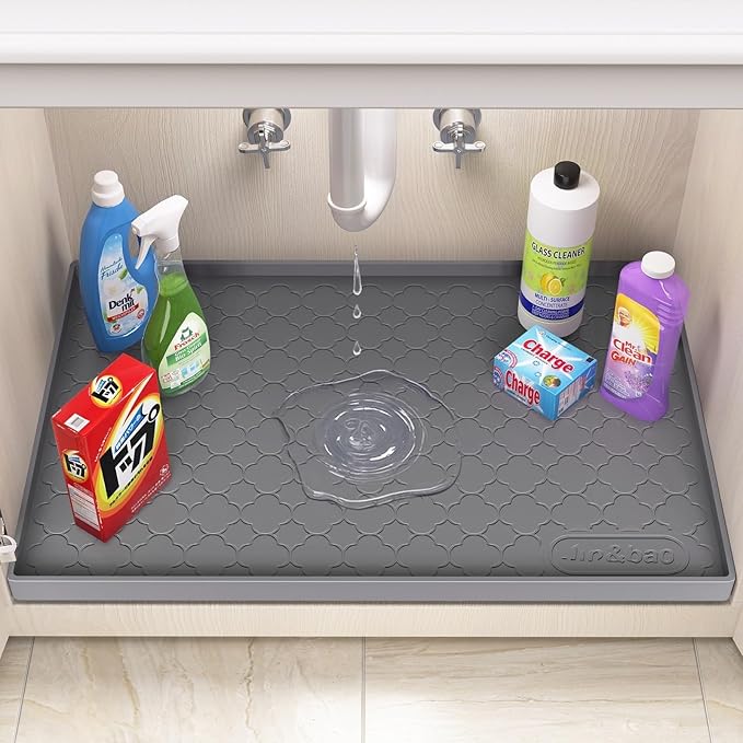 Jin&Bao Waterproof Under Sink Mat 31" x 19", Thick Silicone Mat Cabinet Protector for Kitchen and Bathroom, Shelf Liner, Home Organizer and Storage, Multipurpose Tray for Gadgets and Essentials