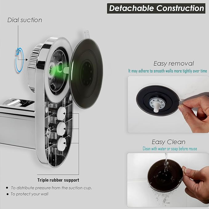 Suction cup Handheld Shower Head Holder - Designed For Large Shower Head - Relocatable - 5 Angles Adjustable - Horizontal Setting - - Wider Input - Wall mounted with Vacuum Power (Polished Chrome)