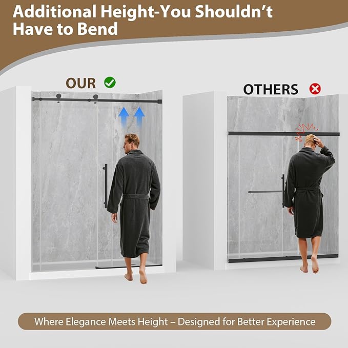 Frameless Glass Shower Door, 43-48" W x 76" H Sliding Frameless Shower Door, 1/4''(6mm) SGCC Tempered Glass, Explosion-Proof Film Nano Coating, Stainless Steel Hardware, Matte Black