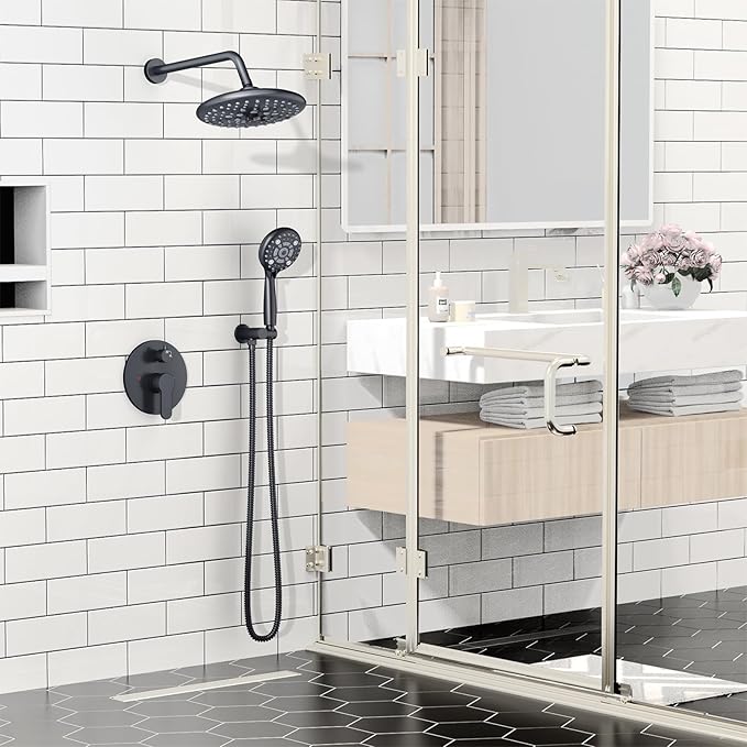 SR SUN RISE Shower Faucet - 10 Inch Multifunctional High Pressure Shower Head System with Handheld Shower Head Fixtures - Valve Included - Matte Black