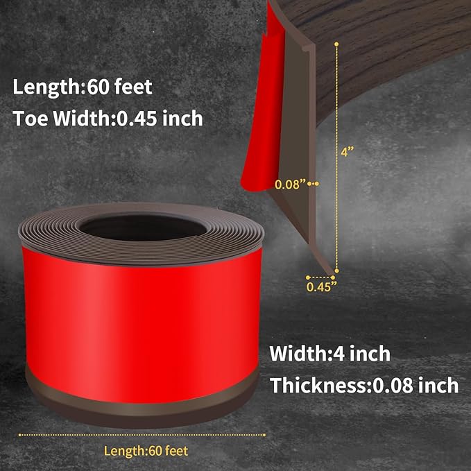 Flexible Baseboard Molding Trim 4 Inch Self-Adhesive Vinyl Wall Base Peel and Stick Cove Base Rubber Wall Baseboard Moulding Trim (60Ft, Brown Oak)