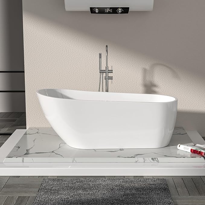 Logmey 67 Inch White Acrylic Freestanding Bathtub Oval Shape Soaking Tub with Chrome Drain & Overflow Assembly for Classic and Modern Bathrooms