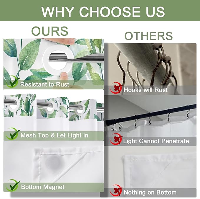No Hook Shower Curtain and Liner Set, Light Green Eucalyptus Floral Shower Curtains for Bathroom, Bath Curtain Sets with Snap in Liner, Waterproof with See Through Top Window, 71x74 Inches