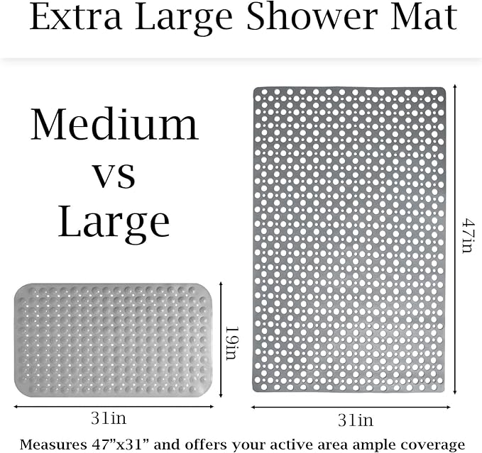 Extra Large Non Slip Shower Mat for Inside Shower, 47x32 Inch Oversized Shower Stall Mat,Bath Mat for Shower with Big Suction Cups,Drain Holes,Two-Sided Anti-Slip