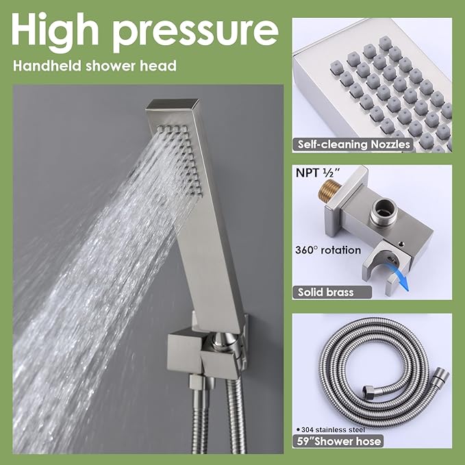 ENGA Dual Shower Head System with Tub Spout, Ceiling Mount 12 Inch Shower Head with 6 Inch Wall Mount Shower Head Shower Faucet Set, Brushed Nickel
