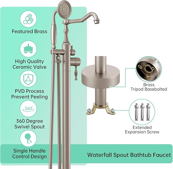Hoimpro Free Standing Tub Faucet Freestanding Tub Filler Farmhouse Stand Alone Floor Mounted Bathtub Faucet Set Shower Faucets Handheld Sprayer Brass Brushed Nickel