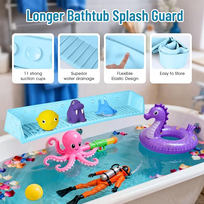 Splash Guard for Bathtub Kids, Longer Silicone Bathtub Splash Guard with 11 Suction Cups, Bath Tub Play Shelf for Kids & Toy Holder, Prevent Water Spill in Bathroom, Blue