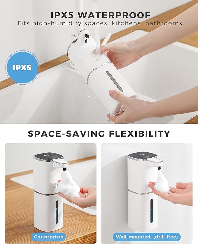 Automatic Foaming Soap Dispenser, 12.8oz Rechargeable, Adjustable Foam Levels, IPX5 Waterproof, Touchless & Wall/Tabletop Use for Kitchen Bathroom, White