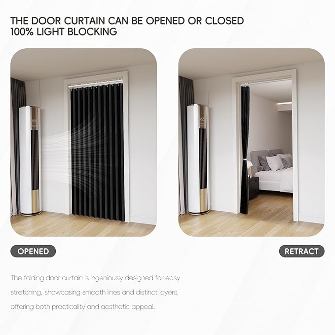 100% Blackout Fabric Folding Door Curtain with Magnetic Closure - Accordion Style for Sliding Doors, Closets,Wardrobe and Temporary Door Solutions Doorway Curtains（W42 x L78, Black，1 Panel）