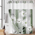 No Hook Green Daisy and Butterfly Shower Curtain with Snap in Fabric Liner Set, Rustic Farmhouse Double Layers Waterproof Fabric with See Through Top Window Open Grommet Bath Curtain 54x80 Inch