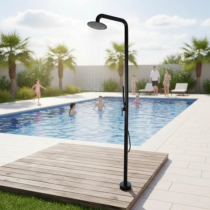 2-Function Poolside Portable Power Shower Floor Mounted Freestanding Black Poolside Shower with Handheld Sprayer for Backyard Garden/Pool/Beach Courtyard